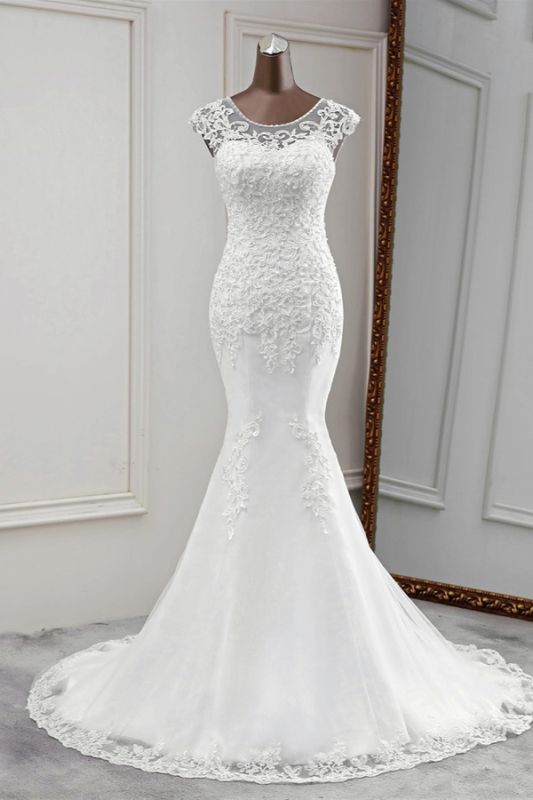 Bradyonlinewholesale Gorgeous Jewel Sleeveless White Lace Mermaid Wedding Dresses with Appliques