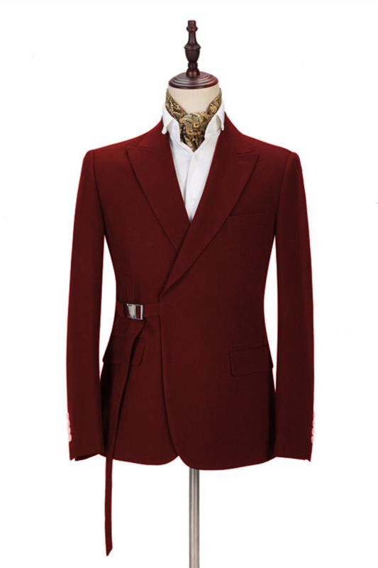 Stylish Peak Lapel Buckle Button Formal Burgundy 2 Piece Mens Casual Suit Online