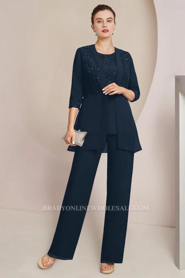 Navy Blue Mother of the Bride Pantsuit Chiffon Formal Pantsuits