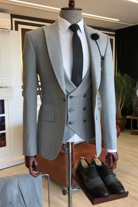 Clemente Newest Grey Pointed Lapel One Button Custom Mens Formal Business Suit