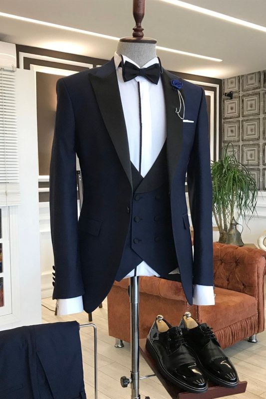 Black pointed lapel fashion dark blue prom men's suit