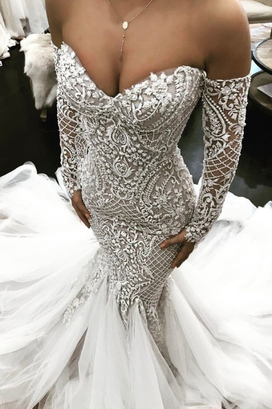 Wholesale Fit and Flare Elegant Long Sleeves Wedding Dresses | Off The Shoulder Lace Elegant Bridal Gowns
