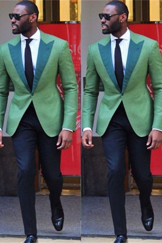 Fashion Green Point Lapel One Button Custom Slim Fit Mens Suit