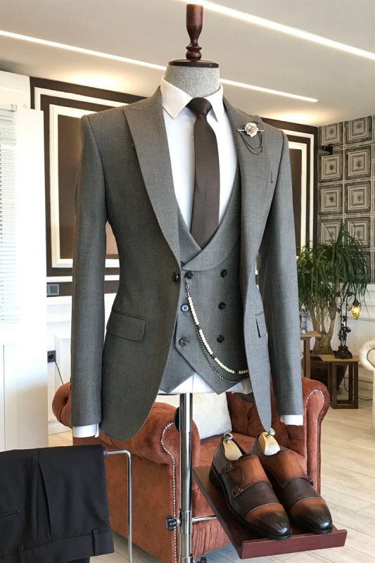 Payne Fashion Solid Grey Pointed Lapel Double Breasted Vest Custom Business Mens Suit