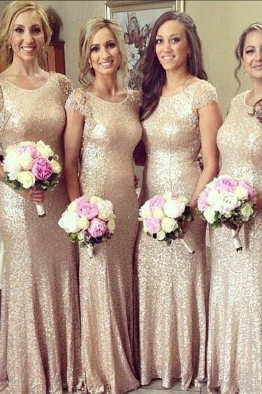 Sexy Sequined Scoop Party Dress Cap Sleeve Sweep Train Beading Bridesmaid Dresses