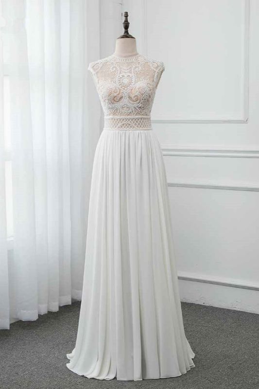 Bradyonlinewholesale Chic Jewel Chiffon Ruffle White Wedding Dresses Lace Top Sleeveless Bridal Gowns with Pearls