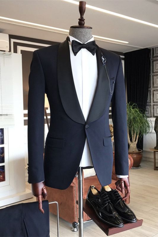 Fashion Shawl Lapel 3 Piece Navy Blue Slim Fit One Button Wedding Mens Suit