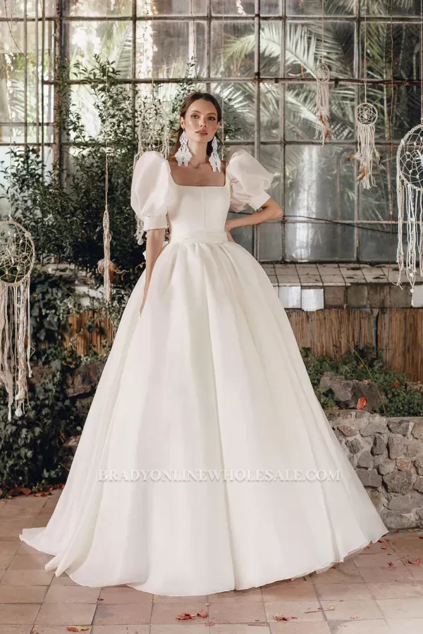 A-line long puff half-sleeve U-neck wedding dress