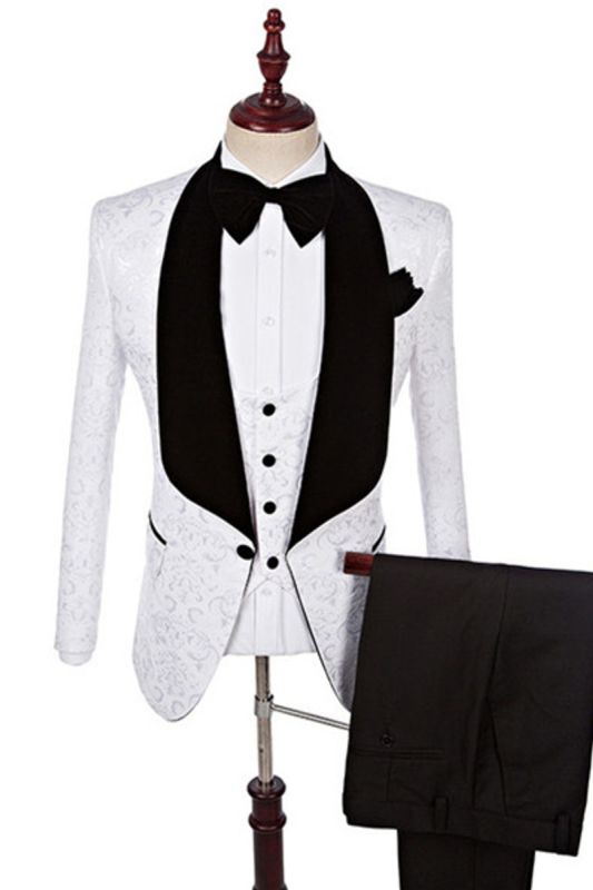Dillon White Three-Piece Fashion Jacquard Shawl Lapel Wedding Dress Set