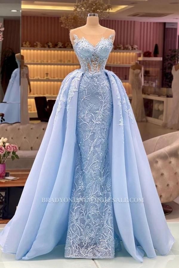 Charming Sky Blue Mermaid Evening Prom Dress Sleeveless Glitter Floral Long Dress with Sweep Train