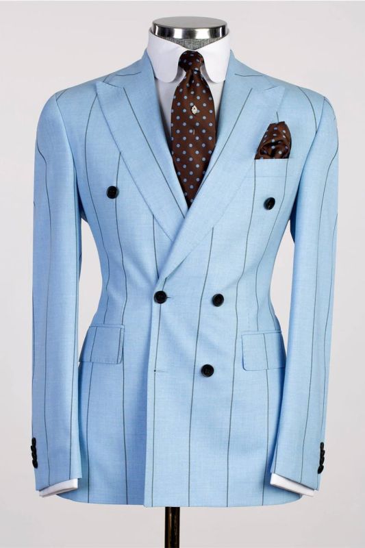 Fashion Blue Striped Slim Point Collar Two-Piece Men's Suit
