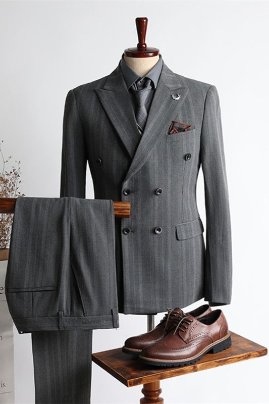Mason New Grey Striped Point Lapel Double Breasted Business Mens Suit