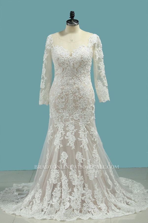 Bradyonlinewholesale Elegant Mermaid Jewel Tulle Lace Wedding Dress Long Sleeves Appliques Sequined Bridal Gowns Online