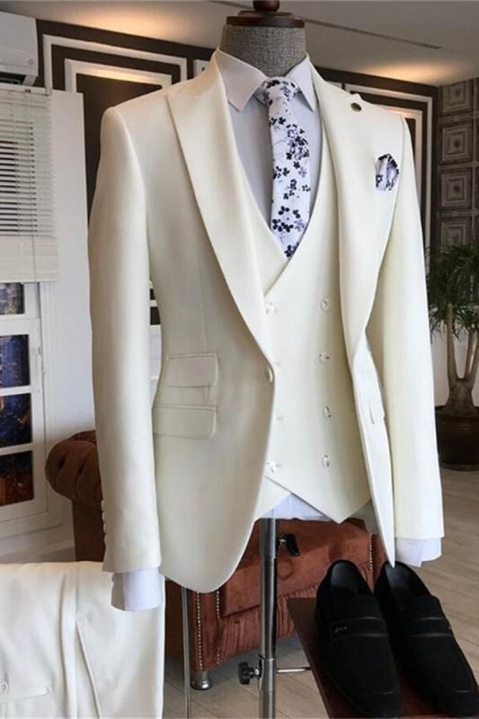 Caiden White Three Piece Point Lapel Custom Mens Wedding Suit