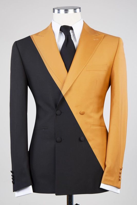 Yellow and Black Spike Lapels Double Breasted Chic Prom Suit