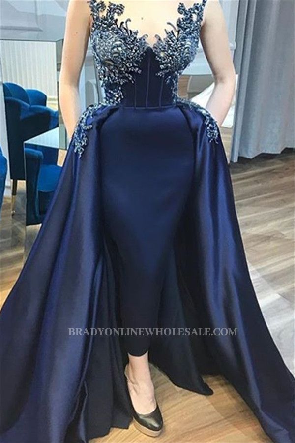 Sexy Dark Navy Sheath Prom Dresses | Sleeveless Appliques Beads Long Evening Dresses with Pockets