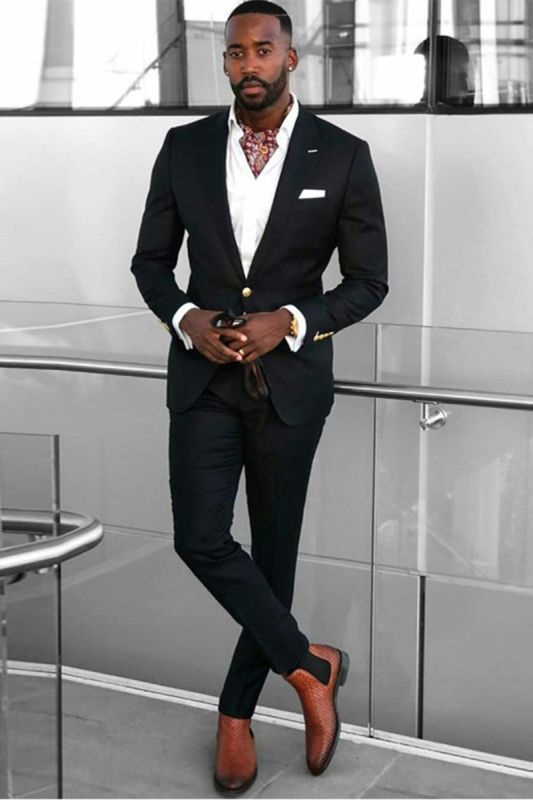 Kai Black Point Lapel Slim Fit One Button Formal Mens Suit