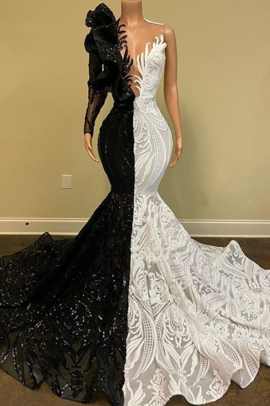 Unique Two Tone V Neck One Shoulder Long Sleeve Mermaid Ball Gown