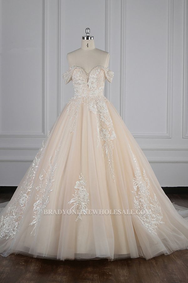 Bradyonlinewholesale Gorgeous Ball Gown Tulle Lace Wedding Dress Champagne Appliques Off-the-Shoulder Bridal Gowns with Beadings On Sale
