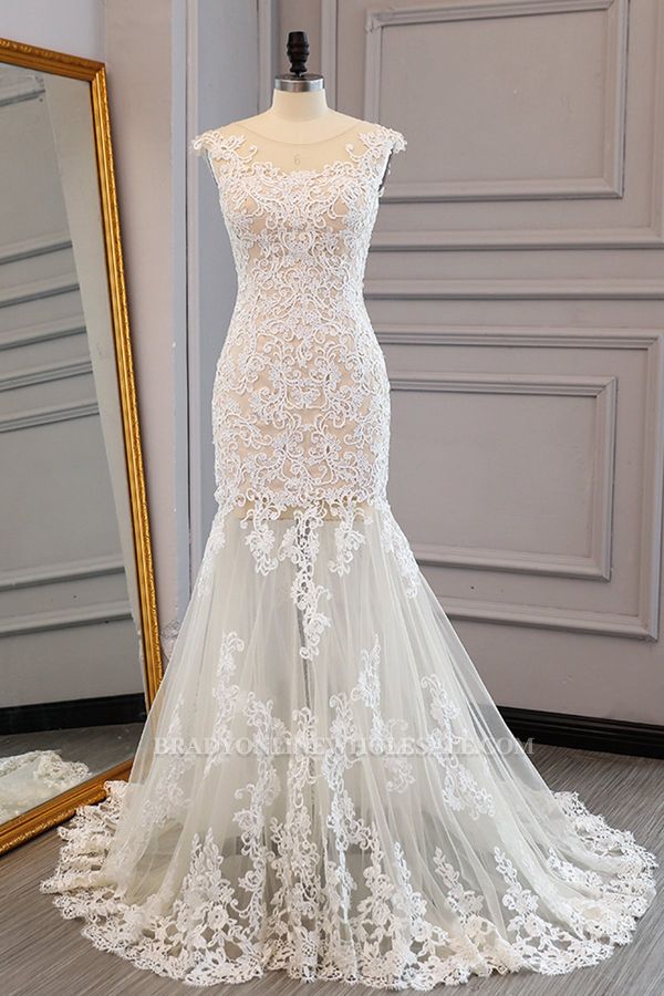 Bradyonlinewholesale Elegant Ivory Tulle Long Mermaid Wedding Dress Lace Appliques Sleeveless Bridal Gowns On Sale
