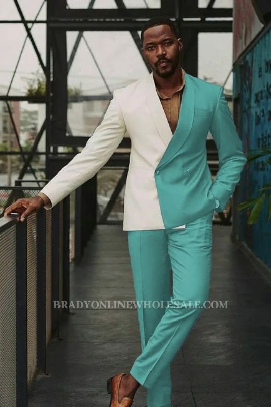 Double block Turquoise Shawl Lapel Double Breasted Prom Two Suit