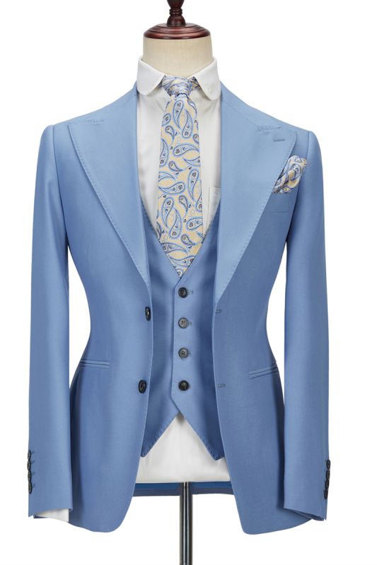 Gentle Blue Peak Lapel Mens Suit | 3 Piece Mens Formal Suit without Flap