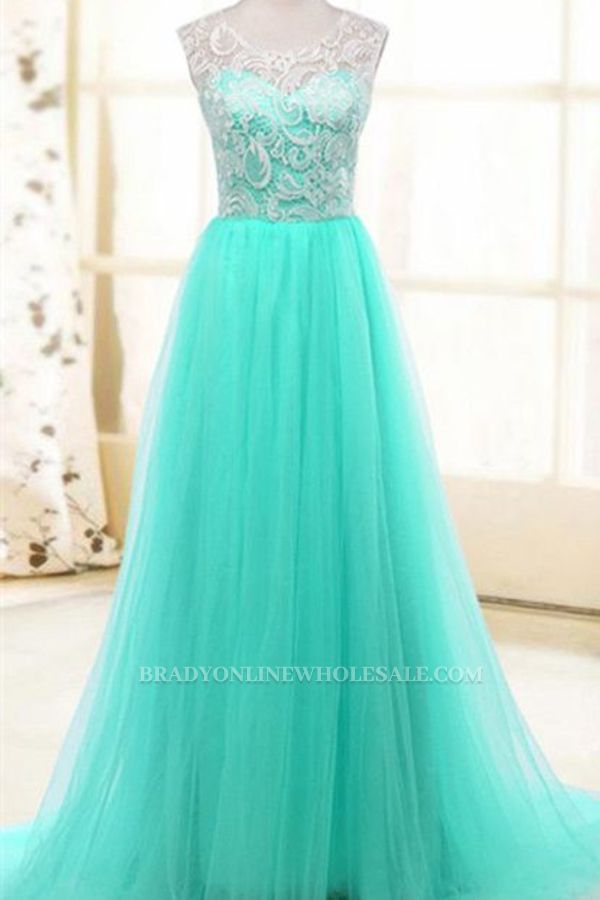 Lace Sweep Train Lovely Long Prom Gowns with Full Mesh Evening Dresses