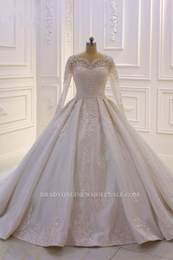 Luxury White Long Sleeves Appliques Beadings Wedding Dress