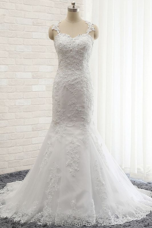 Bradyonlinewholesale Elegant Straps Sweetheart Lace Wedding Dress Sexy Backless Sleeveless Appliques Bridal Gowns with Beadings