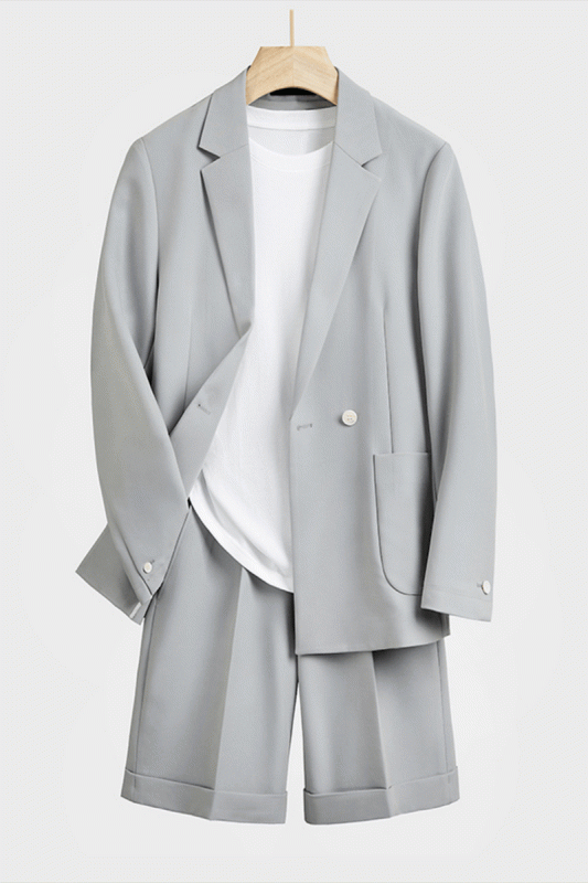 Darren Silver Loose Notched Lapel Summer Mens Suit with Shorts
