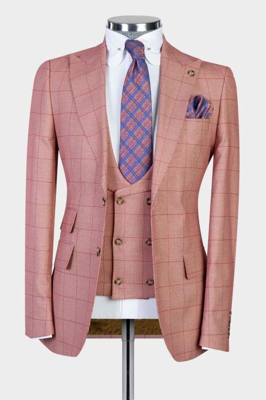 Fashion Pink Plaid Slim Pointed Collar Three-piece Men's Suit