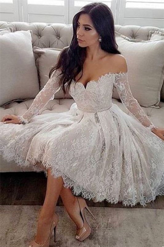 Elegant Lace Long Sleeves Short Homecoming Dresses | Cheap Off Shoulder Hoco Dresses