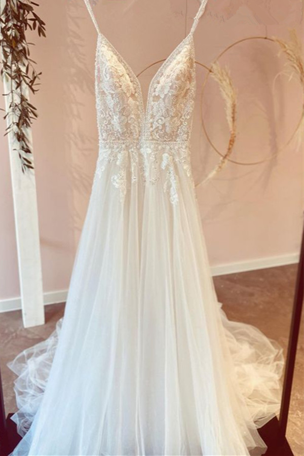 Elegant Sleeveless Tulle Lace A-Line Wedding Dress