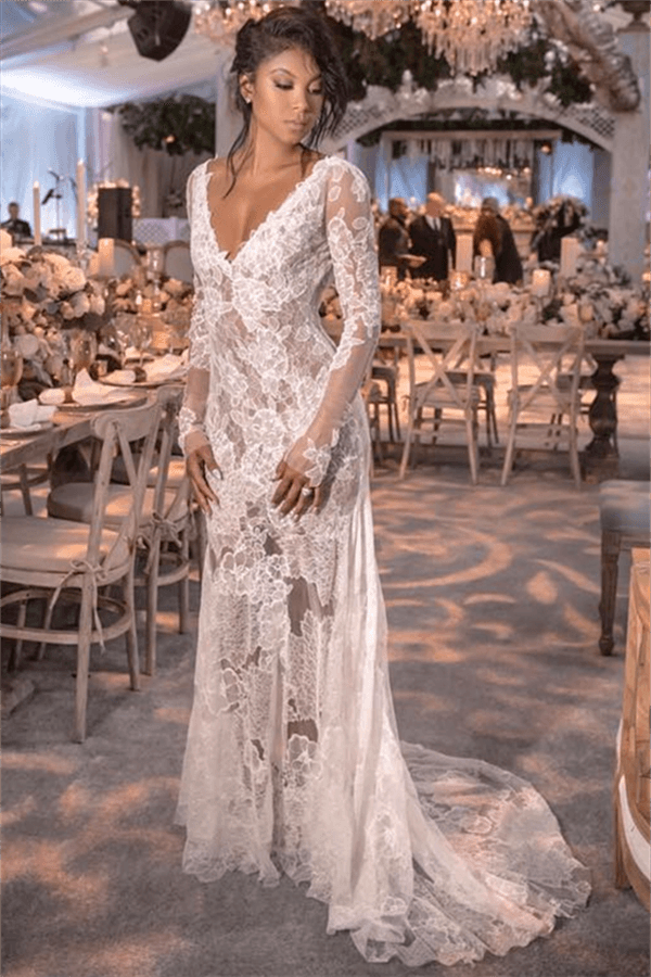 Long Sleeve Lace Wedding Dress with Open Back