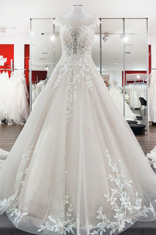 Vintage A-Line Wedding Dress with Lace Appliques, Jewel Tulle Ruffles, and Long Train