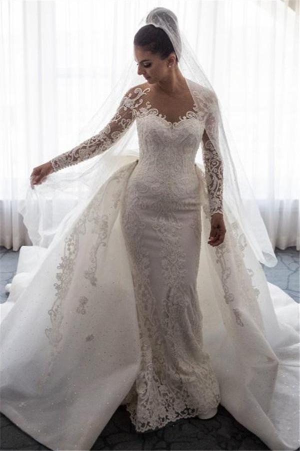 Gorgeous Mermaid Lace Wedding Dress with Sleeves and Bowknot Detachable Overskirt