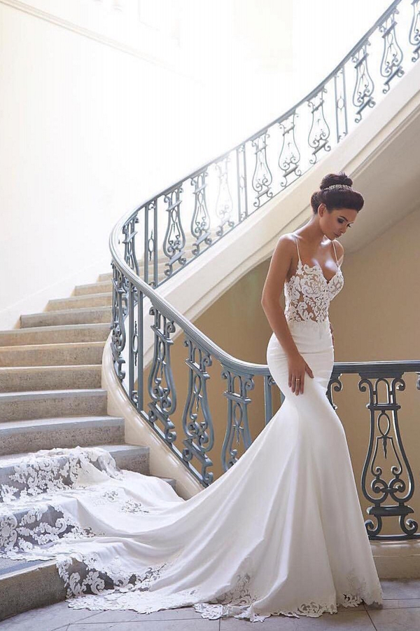 Sexy Spaghetti Strap Mermaid Chiffon Lace Wedding Dress