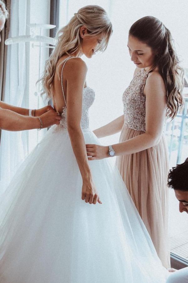 Simple Aline Wedding Dress Spaghetti Straps Tulle Floral Lace Bridal Dress