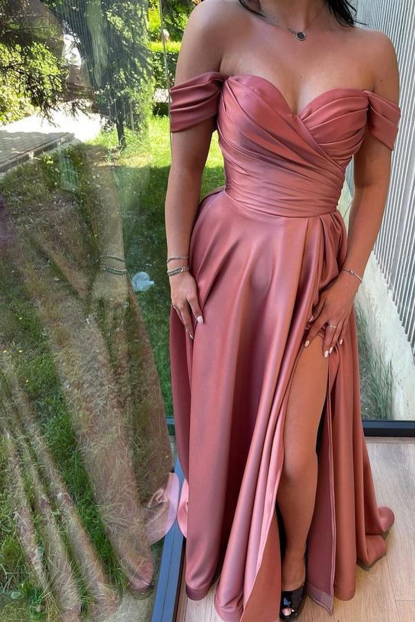 Off-the-Shoulder Ruched Satin Long Evening Party Dress | Side Split