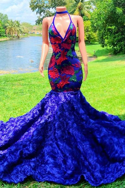 V-Neck Navy Blue Flowers Mermaid Prom Dress