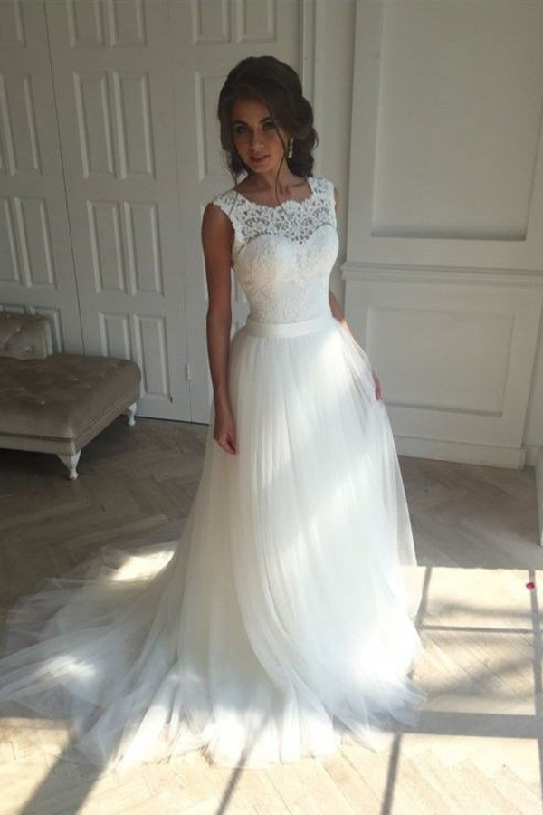 Lace A-Line Simple Sleeveless Sash Open Back Wedding Dress