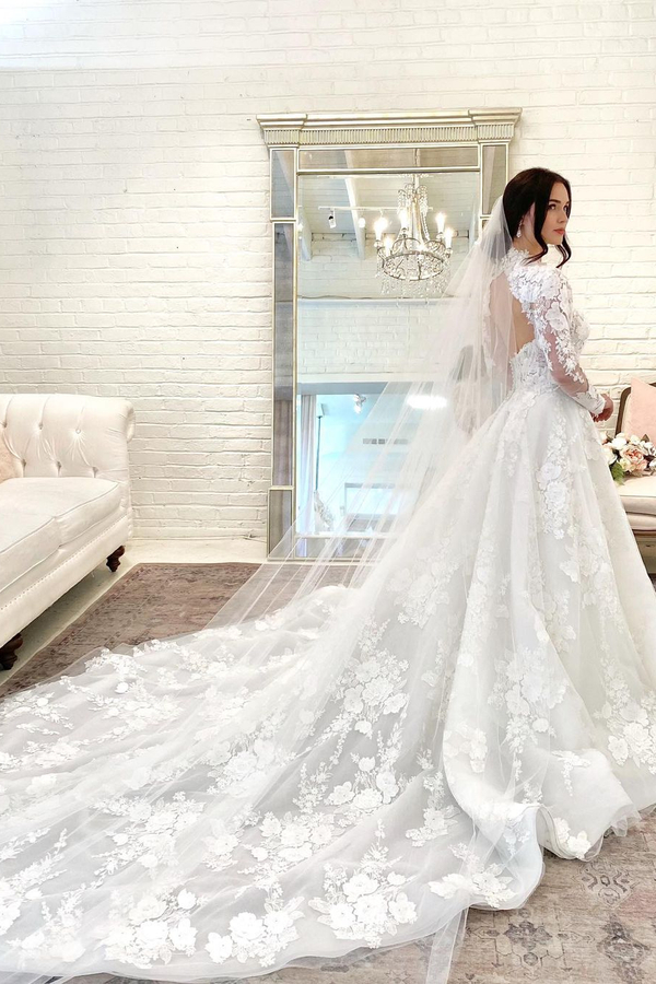 Floral Lace A-Line Long Sleeve Floor-Length Wedding Dress