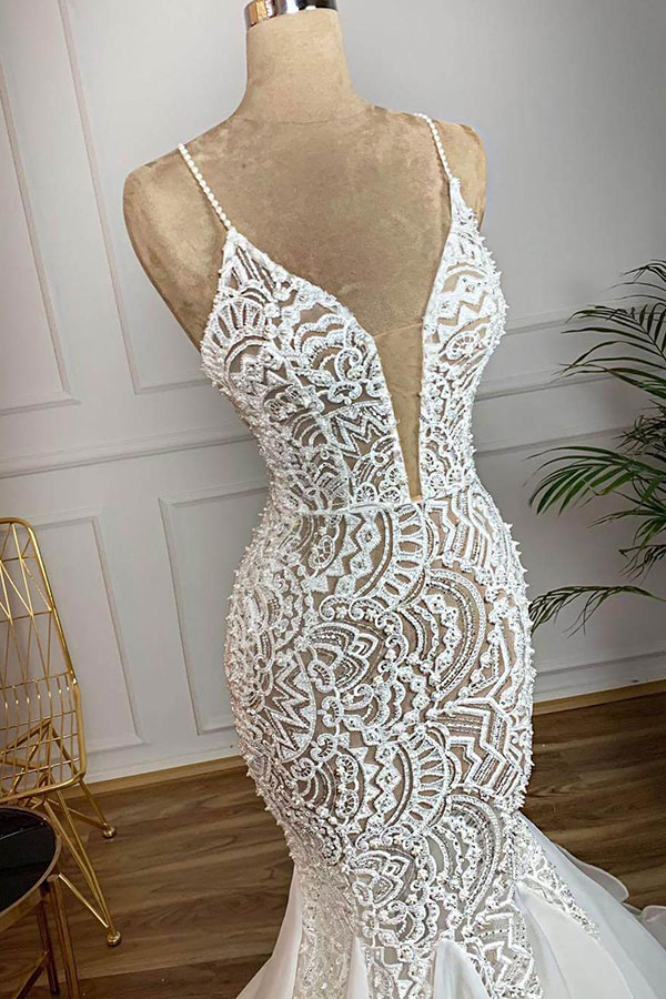Luxury Spaghetti Strap Plunging V-Neck White Mermaid Wedding Dress