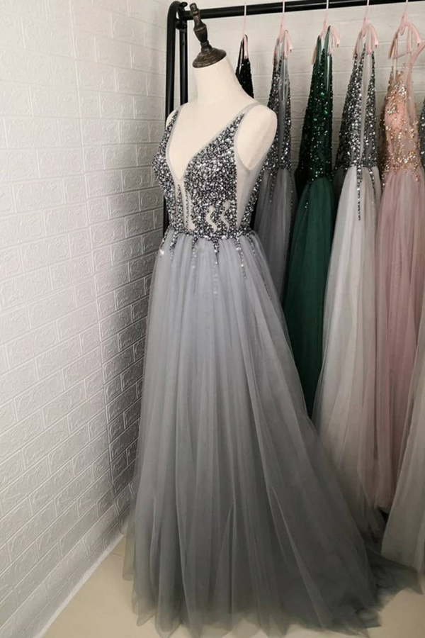 Elegant V-Neck Beaded Tulle Prom Dress Side Split Luxury Evening Party Dress