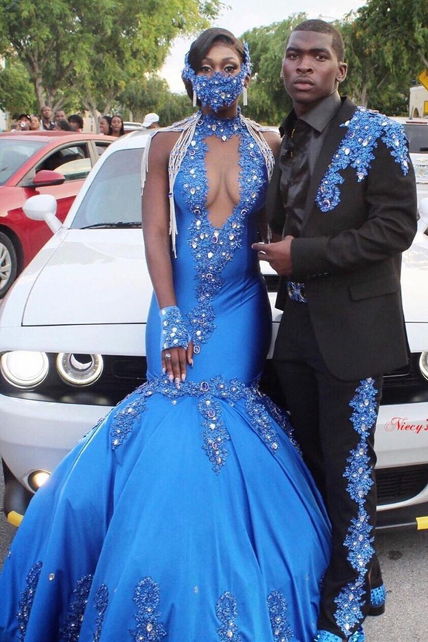 Satin Halter V-Neck Mermaid Evening Gown | Sleeveless Crystals Prom Dress Sweep Train