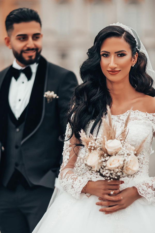 Gorgeous White Long Sleeve Lace Ball Gown with Floral Tulle