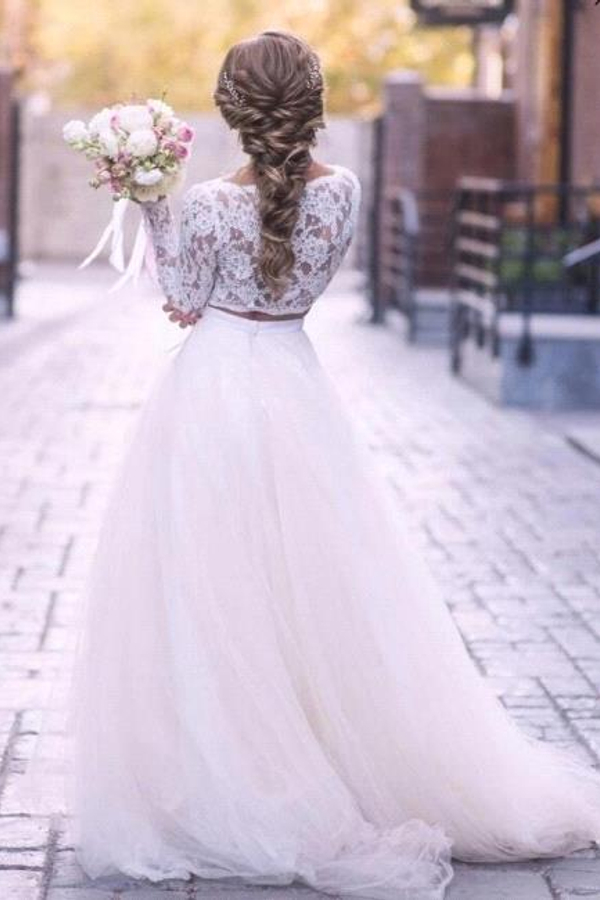 Two-Piece A-Line Long Sleeve Tulle Wedding Dress with Lace Appliques