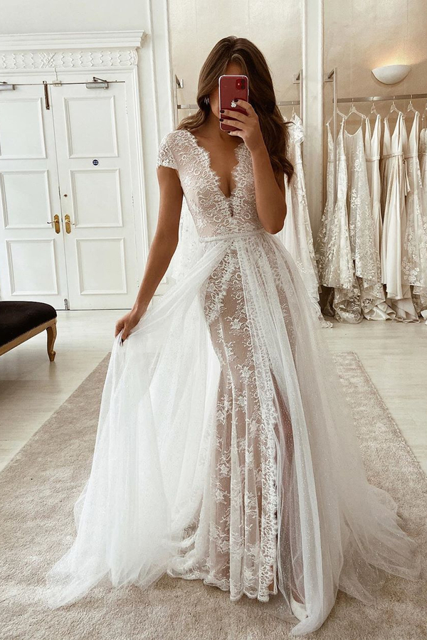 Unique Cap Sleeve White High Split A-Line Boho Wedding Dress