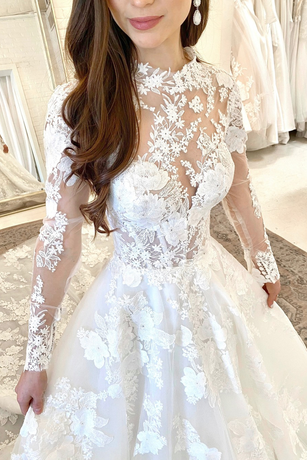 Floral Lace A-Line Long Sleeve Floor-Length Wedding Dress