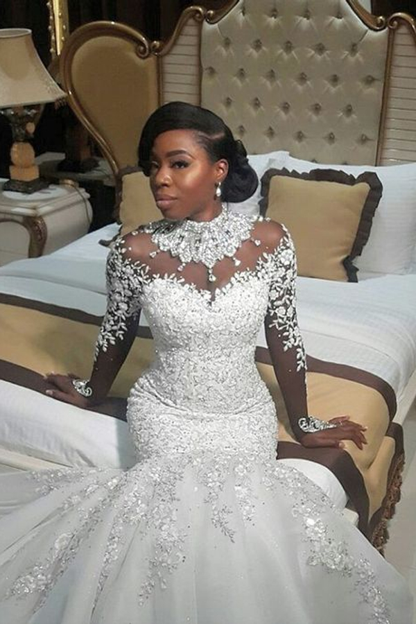 Gorgeous Beaded Lace Applique High Neck Mermaid Wedding Dress